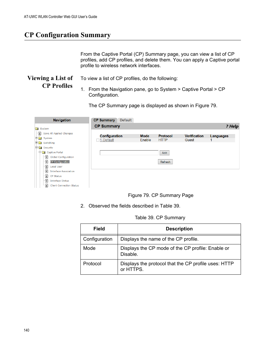 Cp configuration summary, Viewing a list of cp profiles | Allied Telesis AT-UWC Series User Manual | Page 140 / 368