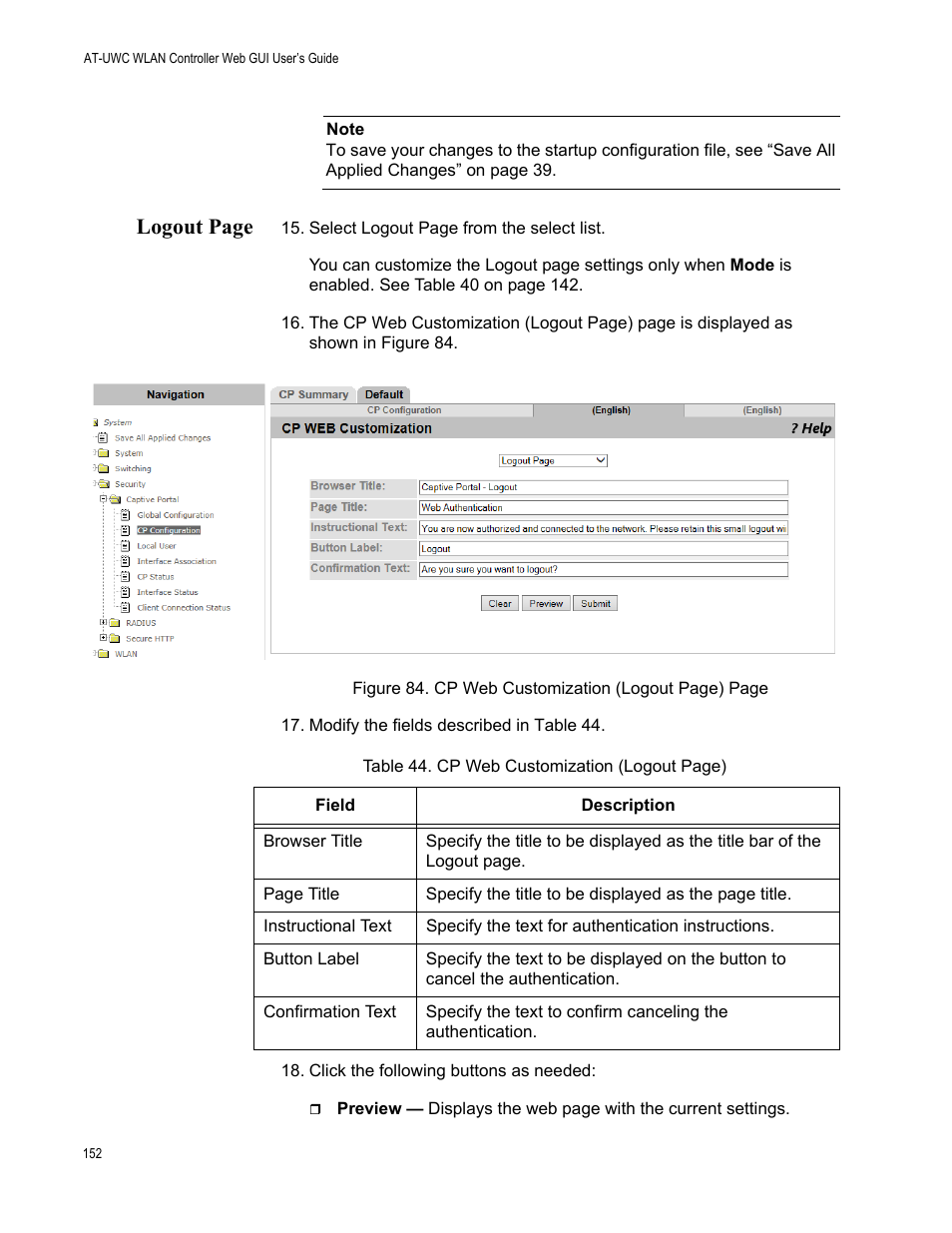 Logout page | Allied Telesis AT-UWC Series User Manual | Page 152 / 368