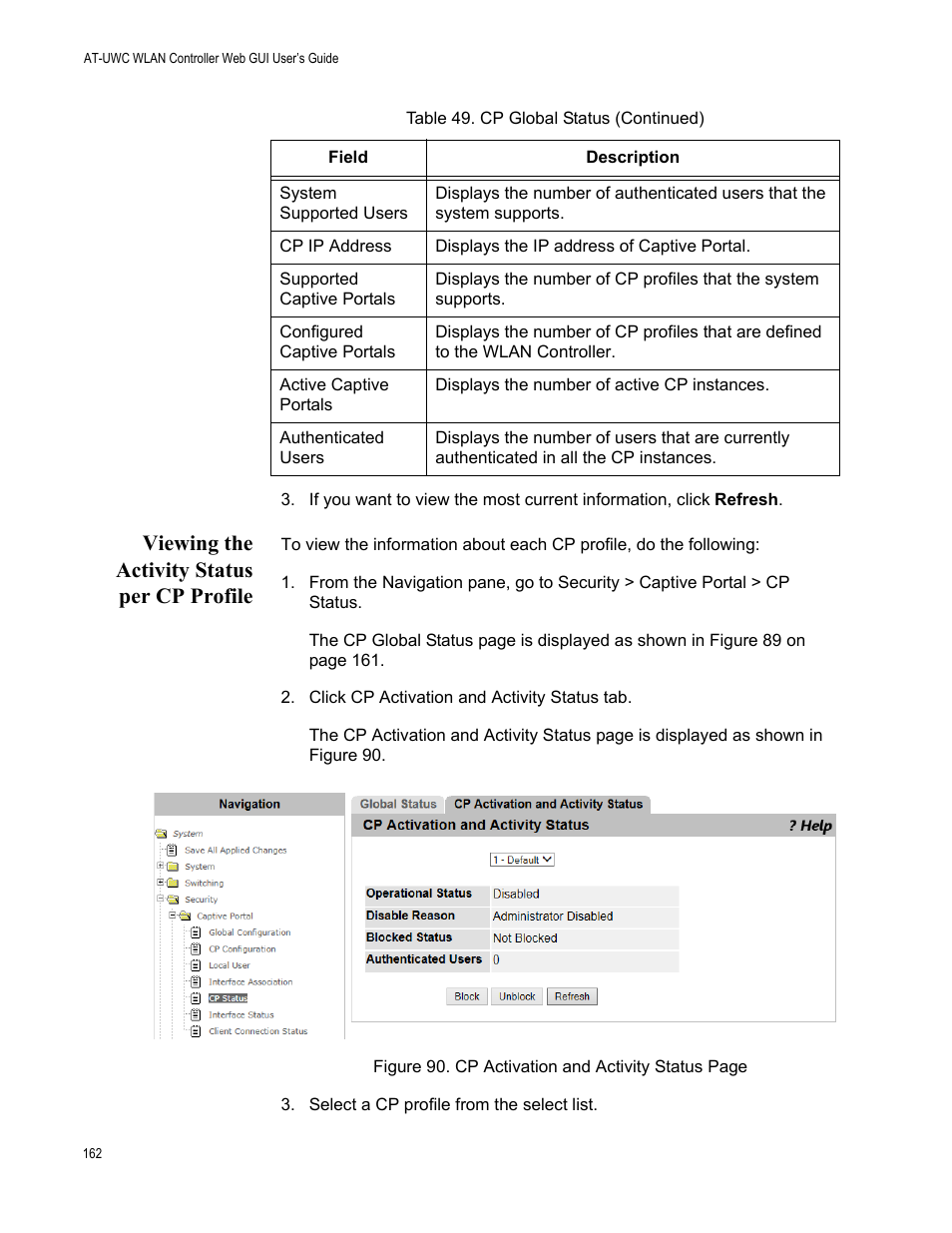 Viewing the activity status per cp profile | Allied Telesis AT-UWC Series User Manual | Page 162 / 368