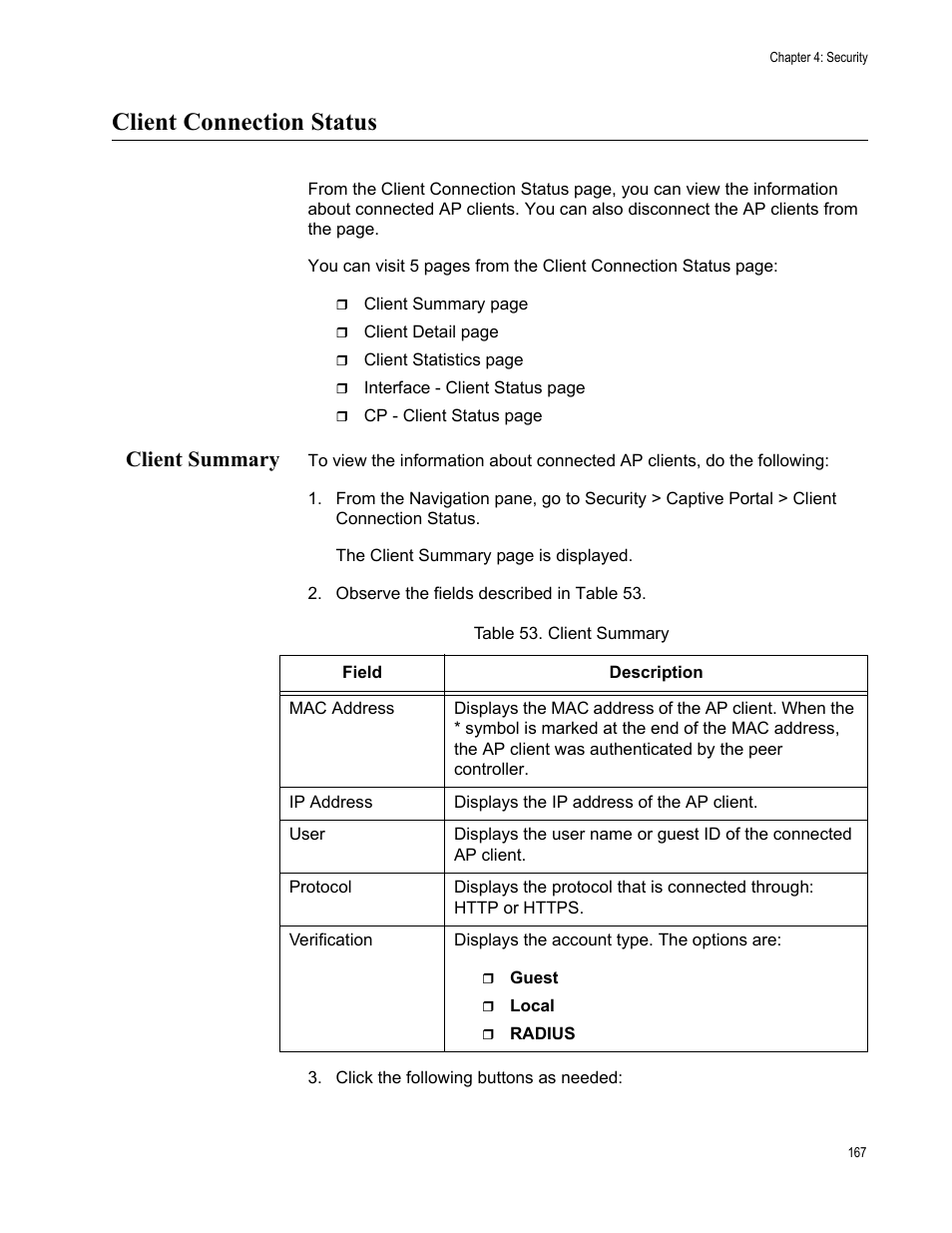 Client connection status, Client summary | Allied Telesis AT-UWC Series User Manual | Page 167 / 368