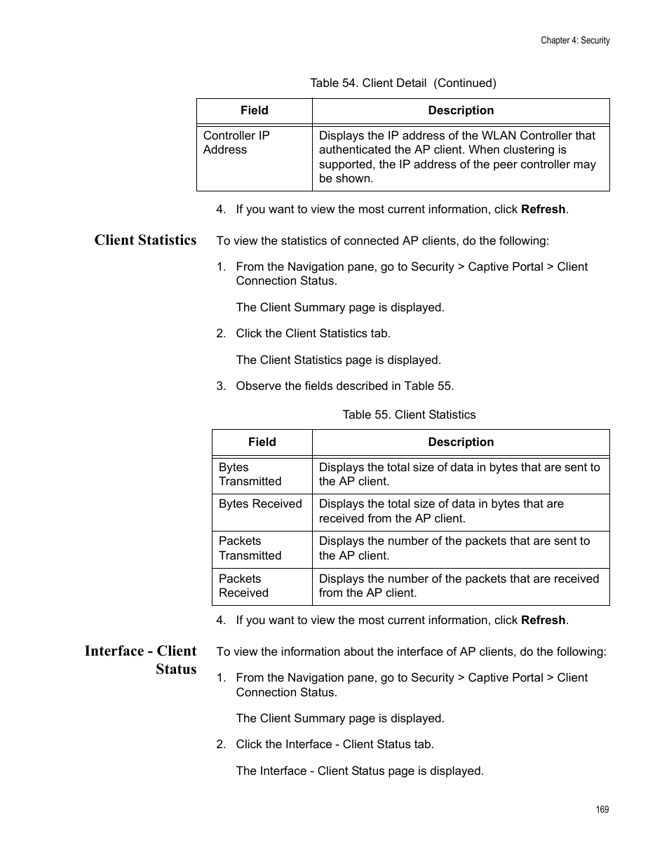 Client statistics, Interface - client status, Client statistics interface - client status | Allied Telesis AT-UWC Series User Manual | Page 169 / 368