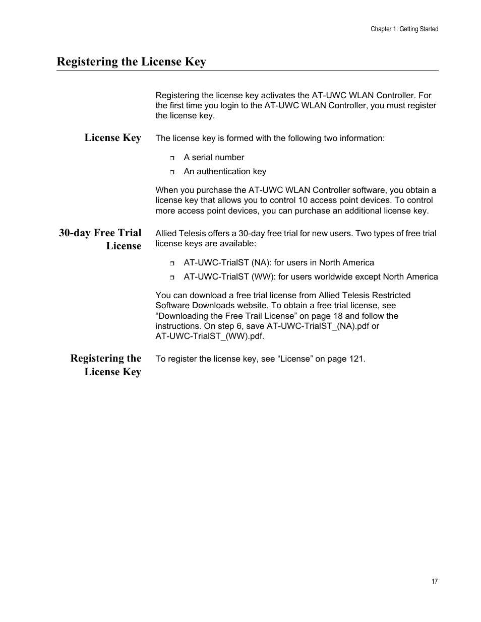 Registering the license key, License key, Day free trial license | Allied Telesis AT-UWC Series User Manual | Page 17 / 368