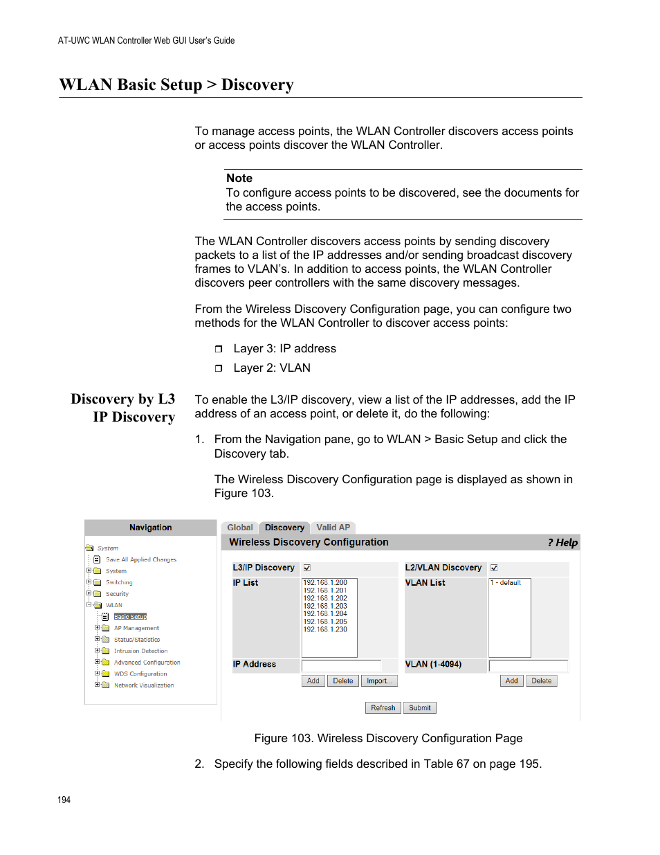 Wlan basic setup > discovery, Discovery by l3 ip discovery | Allied Telesis AT-UWC Series User Manual | Page 194 / 368