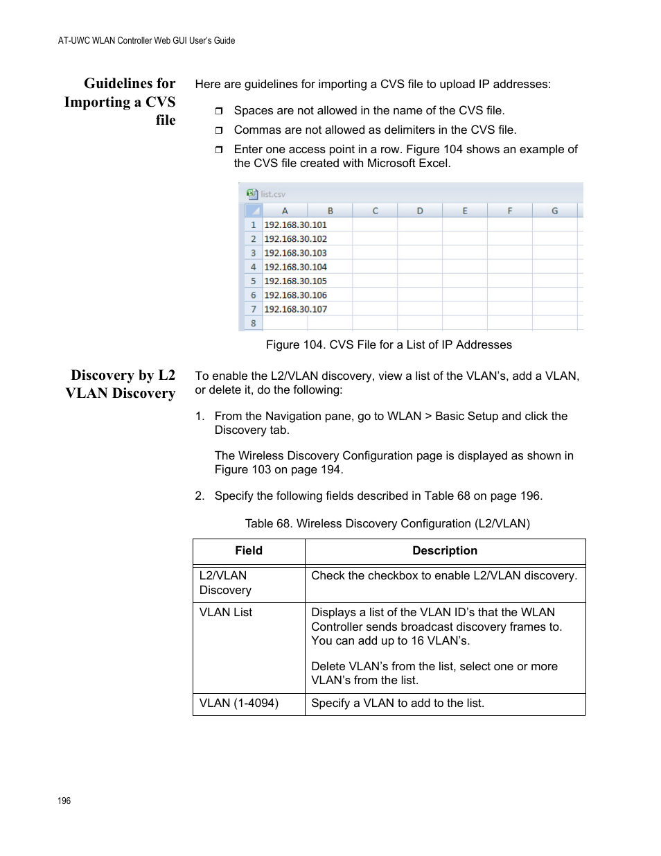 Guidelines for importing a cvs file, Discovery by l2 vlan discovery | Allied Telesis AT-UWC Series User Manual | Page 196 / 368