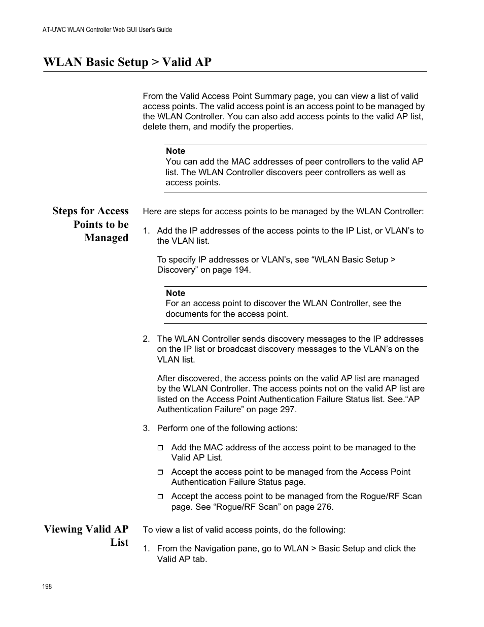 Wlan basic setup > valid ap, Steps for access points to be managed, Viewing valid ap list | Allied Telesis AT-UWC Series User Manual | Page 198 / 368