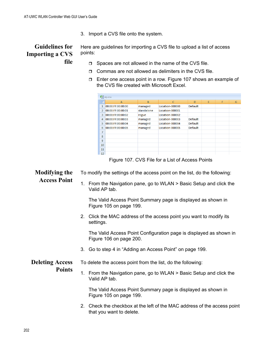 Guidelines for importing a cvs file, Modifying the access point, Deleting access points | Allied Telesis AT-UWC Series User Manual | Page 202 / 368