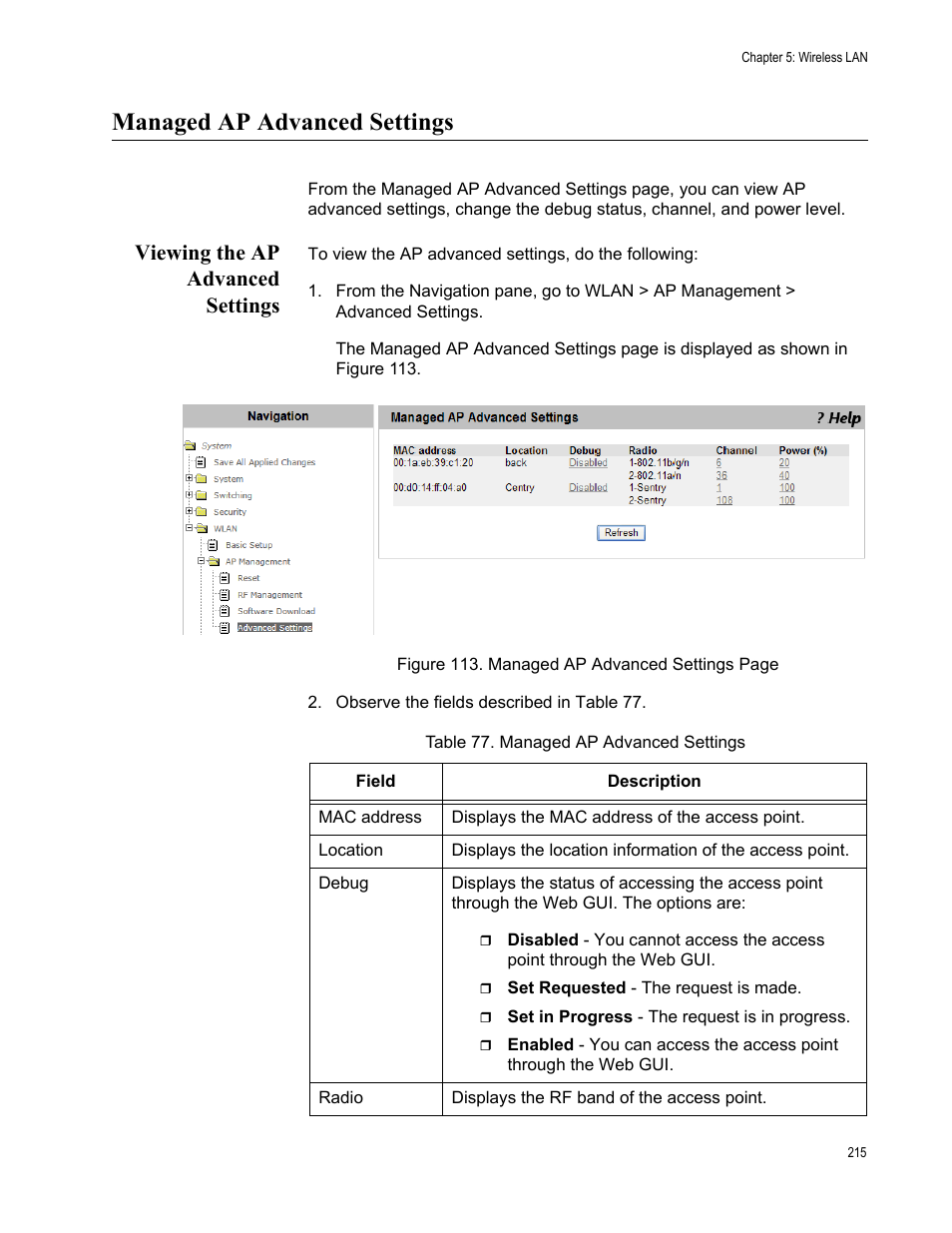Managed ap advanced settings, Viewing the ap advanced settings | Allied Telesis AT-UWC Series User Manual | Page 215 / 368