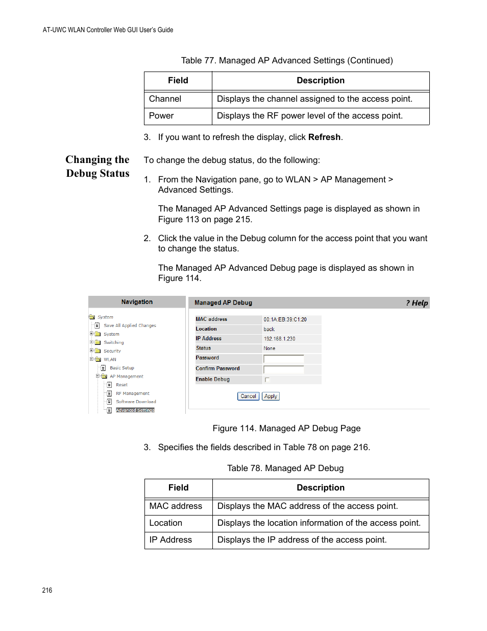 Changing the debug status | Allied Telesis AT-UWC Series User Manual | Page 216 / 368