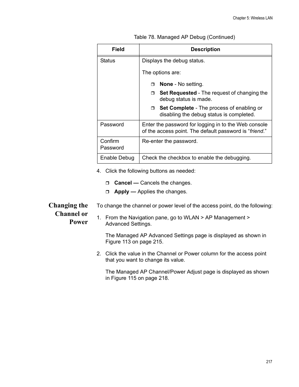 Changing the channel or power | Allied Telesis AT-UWC Series User Manual | Page 217 / 368