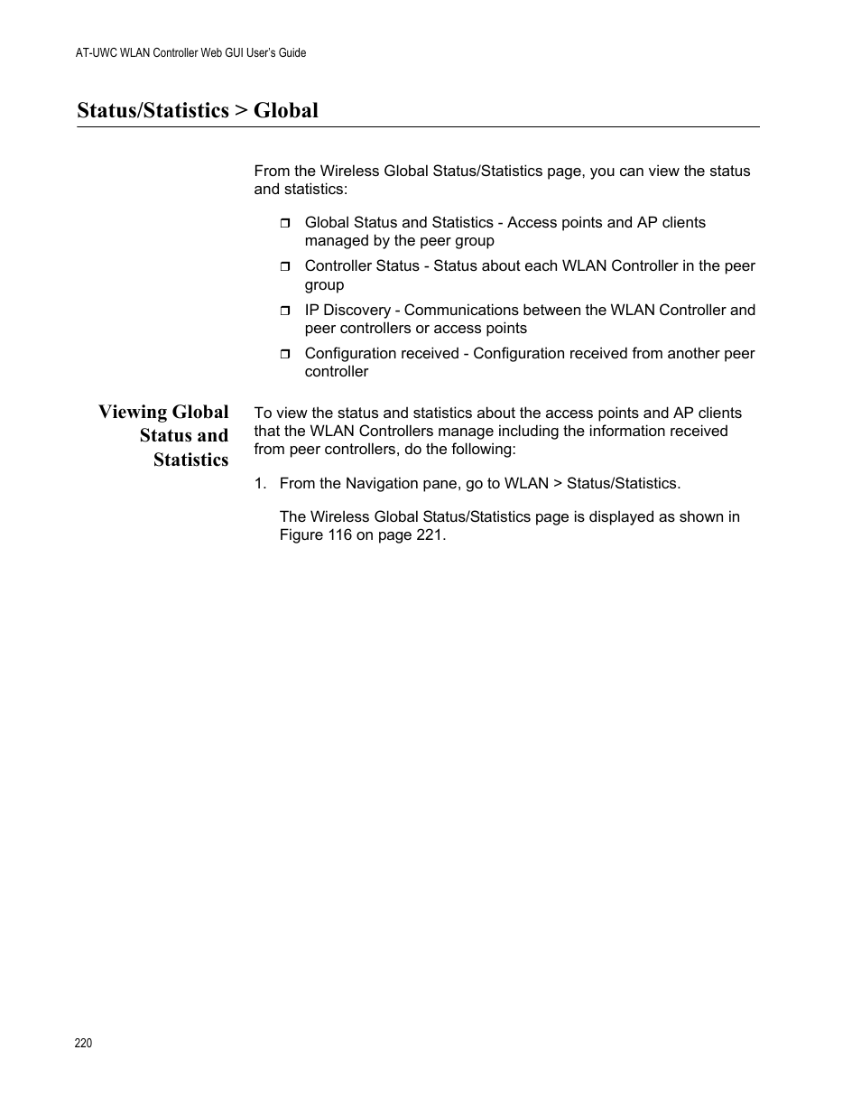 Status/statistics > global, Viewing global status and statistics | Allied Telesis AT-UWC Series User Manual | Page 220 / 368