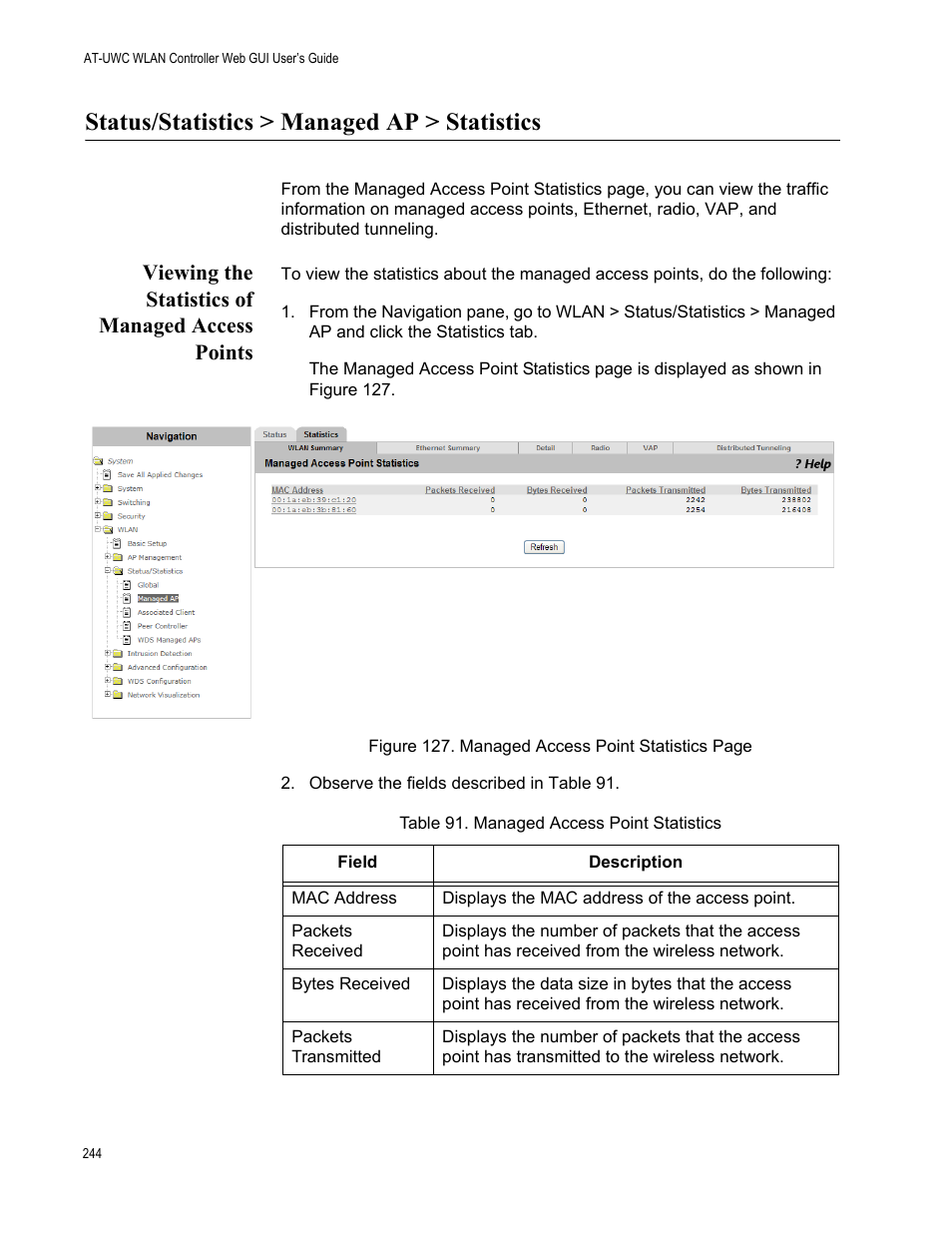Status/statistics > managed ap > statistics, Viewing the statistics of managed access points | Allied Telesis AT-UWC Series User Manual | Page 244 / 368