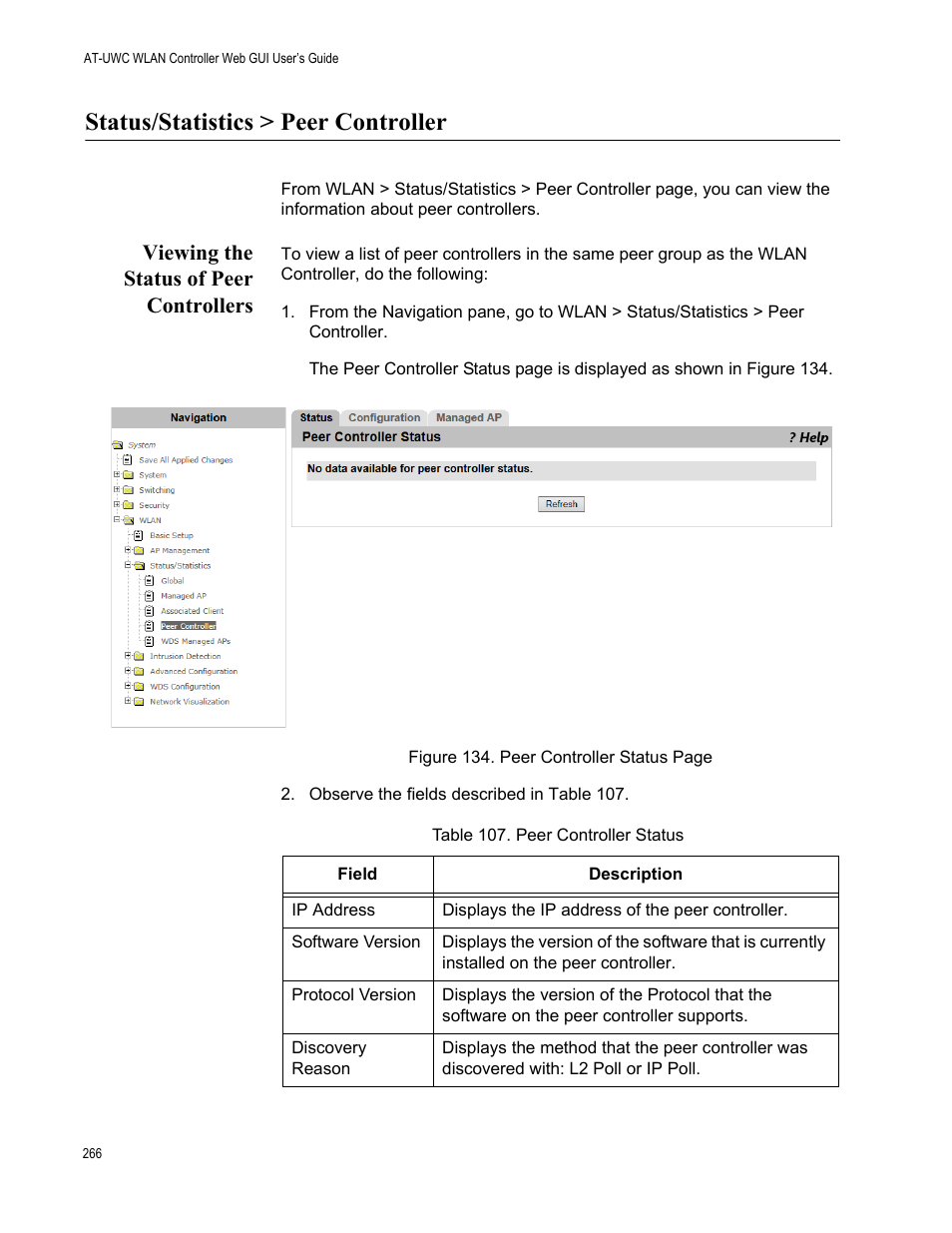 Status/statistics > peer controller, Viewing the status of peer controllers | Allied Telesis AT-UWC Series User Manual | Page 266 / 368
