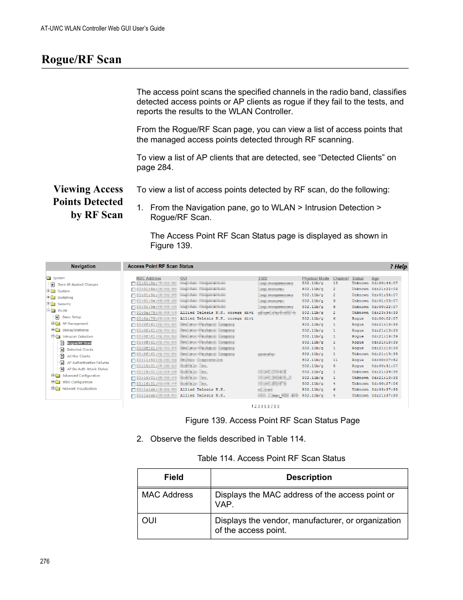 Rogue/rf scan, Viewing access points detected by rf scan | Allied Telesis AT-UWC Series User Manual | Page 276 / 368