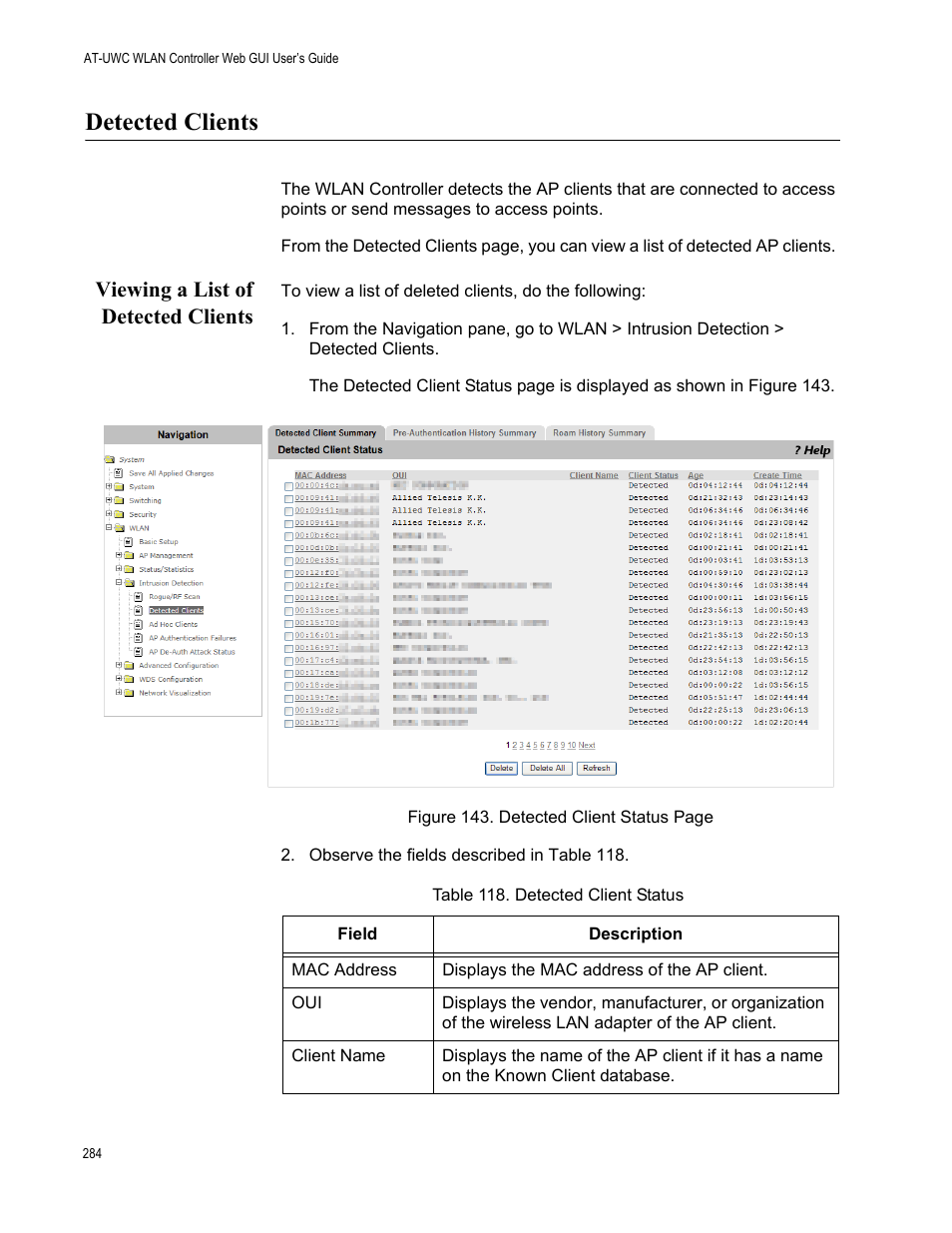 Detected clients, Viewing a list of detected clients | Allied Telesis AT-UWC Series User Manual | Page 284 / 368