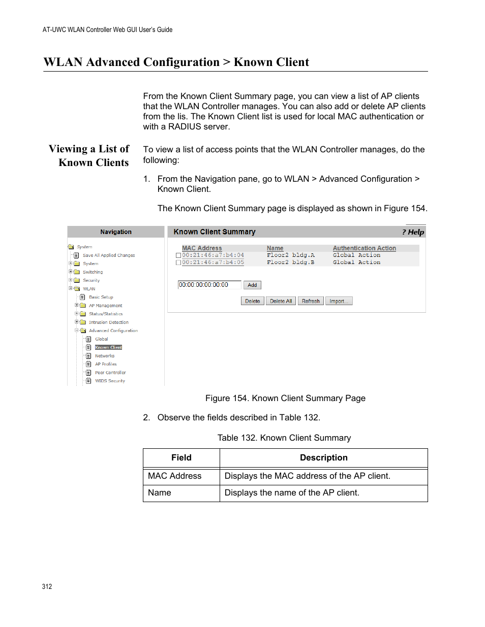 Wlan advanced configuration > known client, Viewing a list of known clients | Allied Telesis AT-UWC Series User Manual | Page 312 / 368