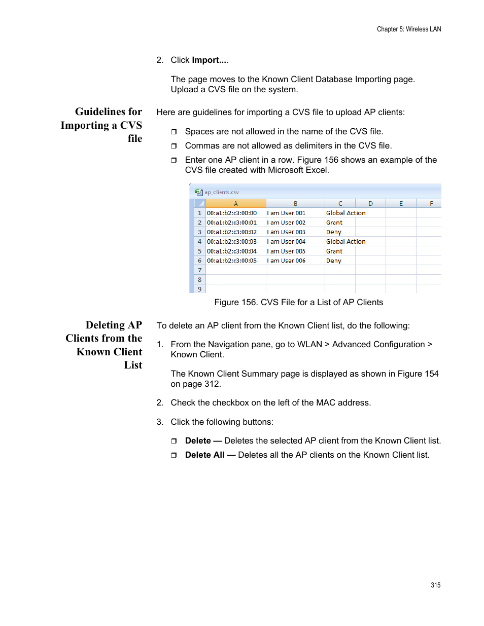 Guidelines for importing a cvs file, Deleting ap clients from the known client list | Allied Telesis AT-UWC Series User Manual | Page 315 / 368