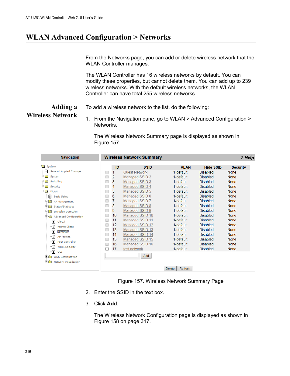 Wlan advanced configuration > networks, Adding a wireless network | Allied Telesis AT-UWC Series User Manual | Page 316 / 368