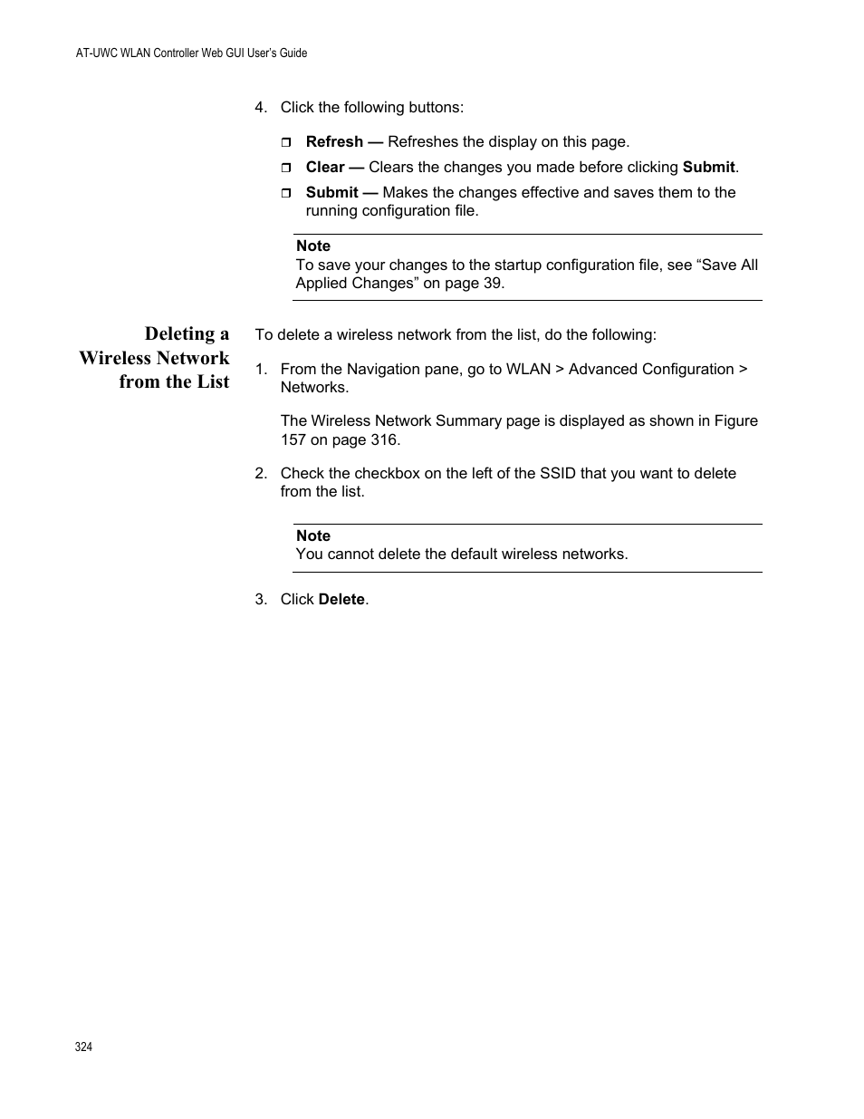 Deleting a wireless network from the list | Allied Telesis AT-UWC Series User Manual | Page 324 / 368