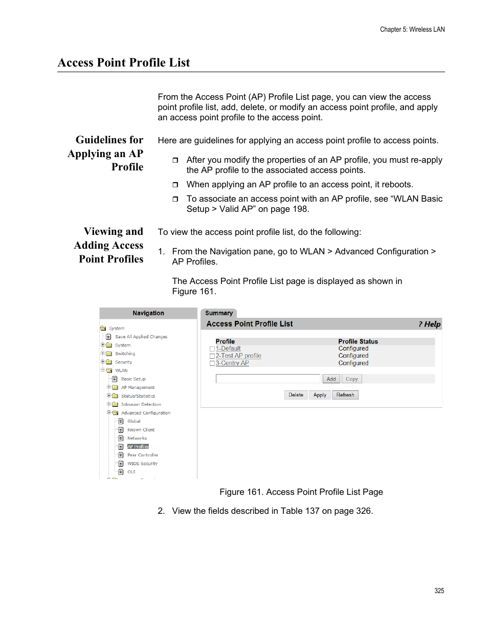 Access point profile list, Guidelines for applying an ap profile, Viewing and adding access point profiles | Allied Telesis AT-UWC Series User Manual | Page 325 / 368