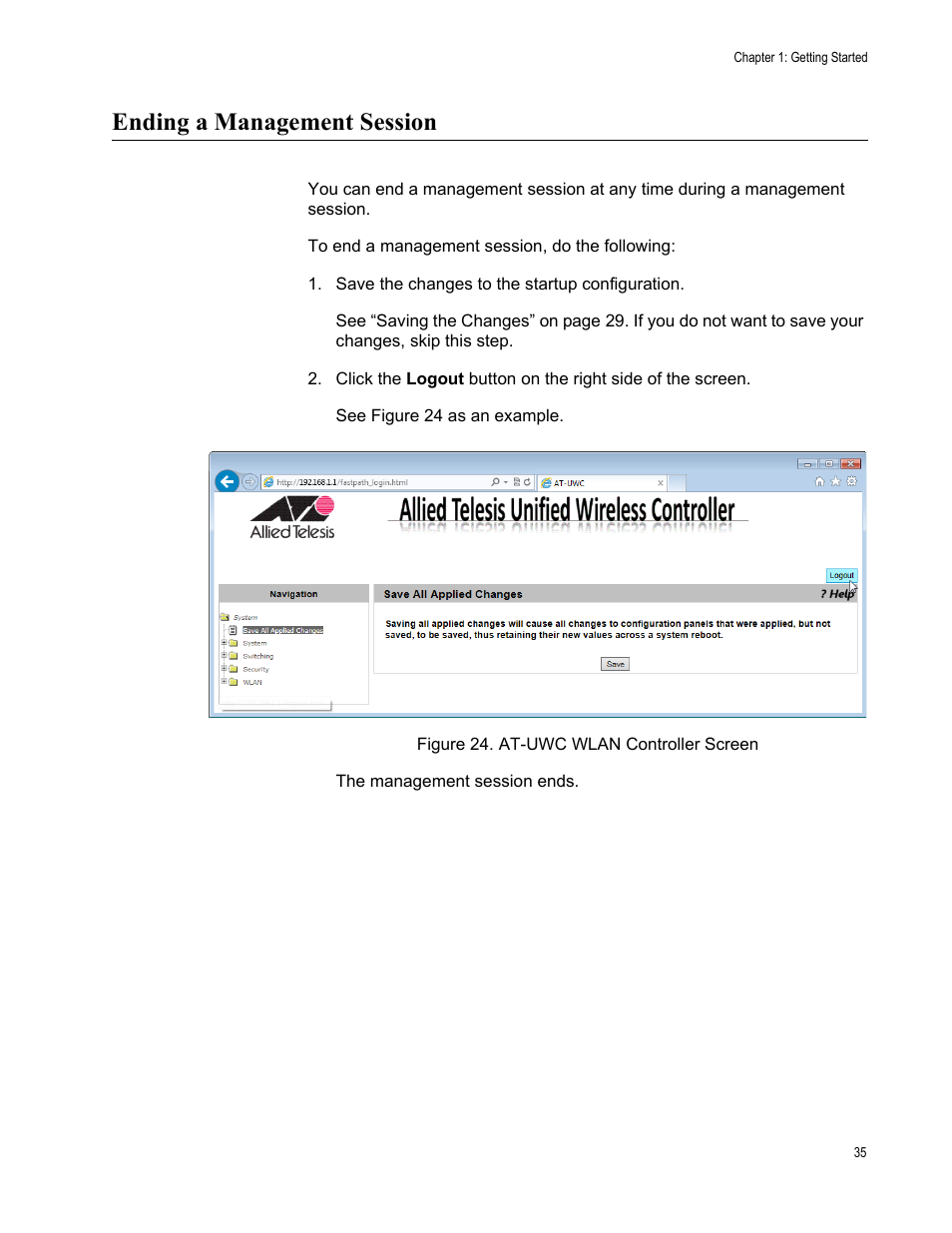 Ending a management session | Allied Telesis AT-UWC Series User Manual | Page 35 / 368