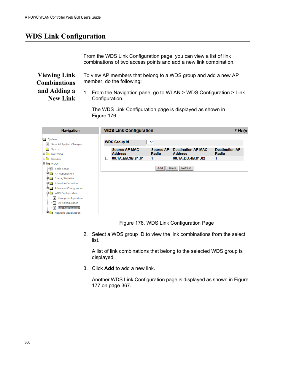 Wds link configuration, Viewing link combinations and adding a new link | Allied Telesis AT-UWC Series User Manual | Page 366 / 368