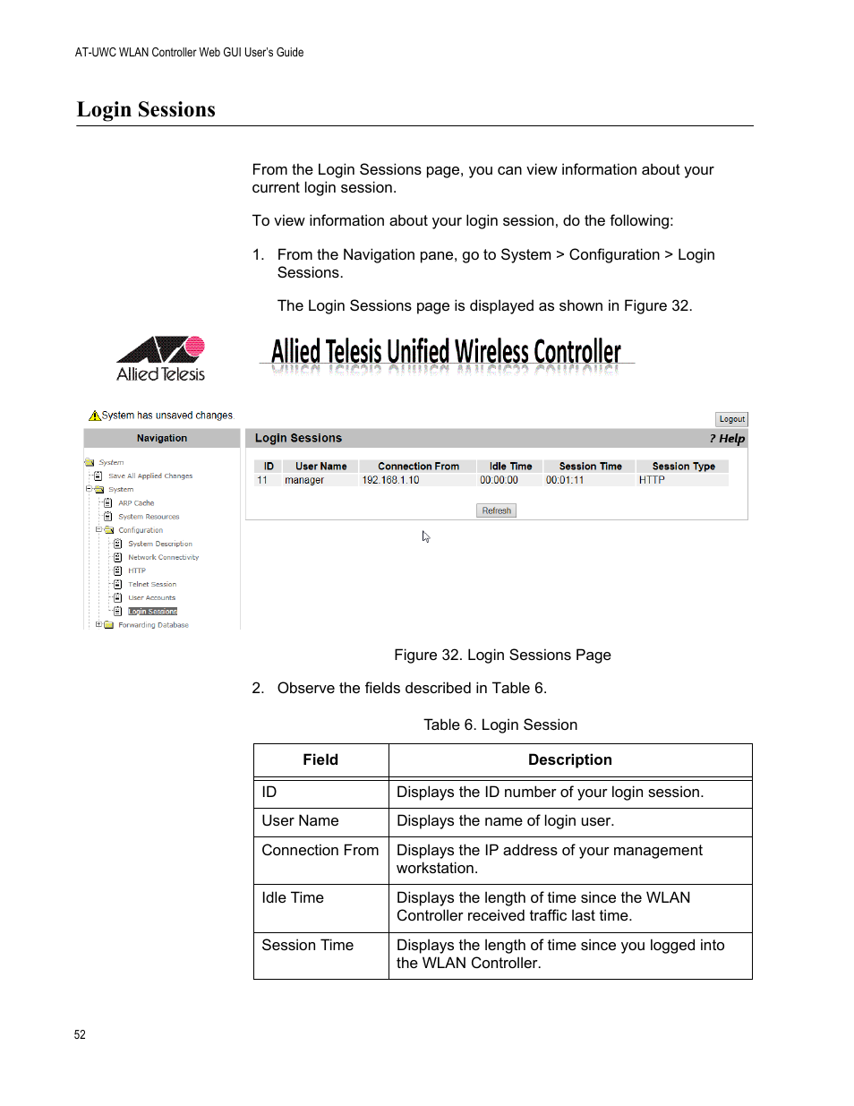 Login sessions | Allied Telesis AT-UWC Series User Manual | Page 52 / 368