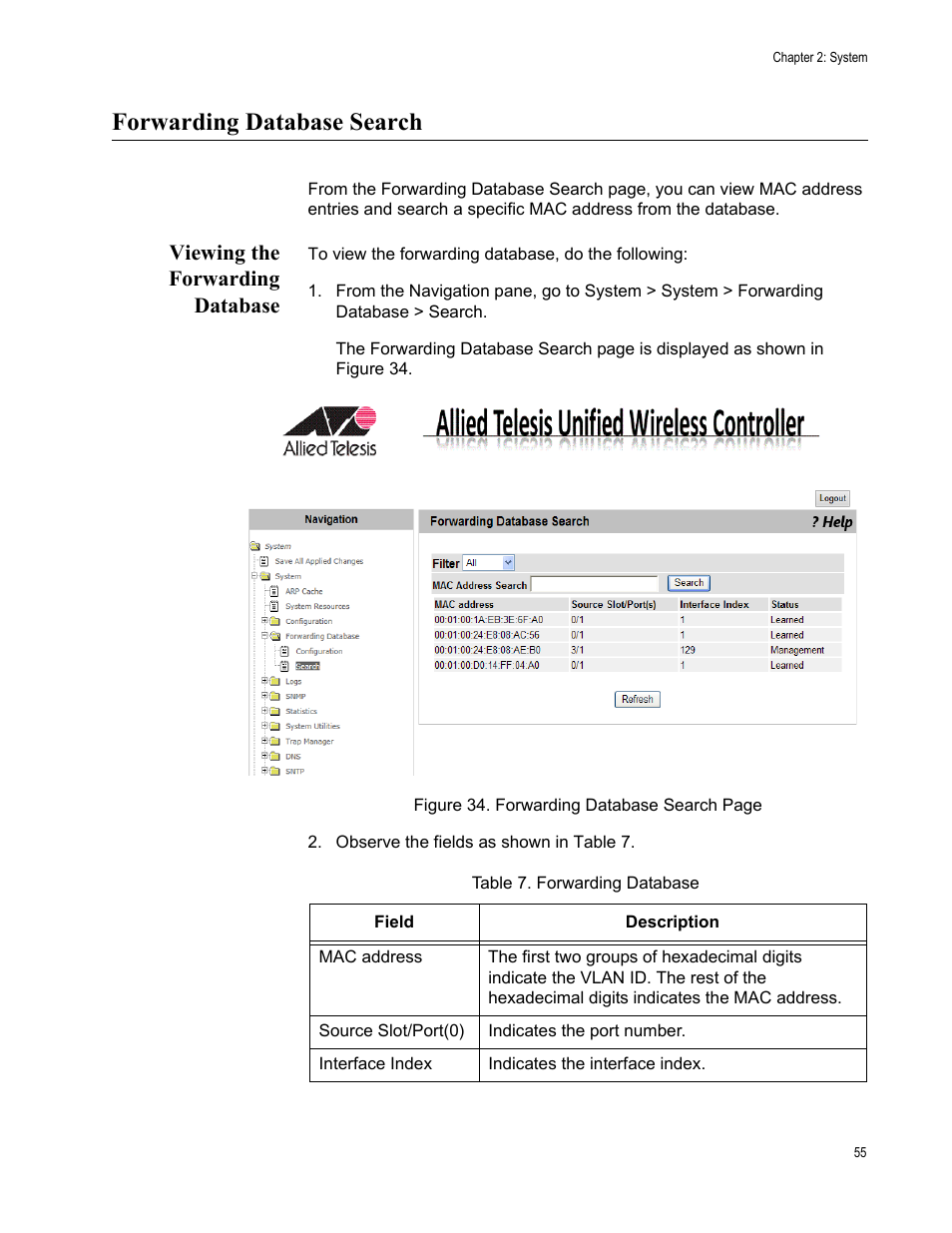 Forwarding database search, Viewing the forwarding database | Allied Telesis AT-UWC Series User Manual | Page 55 / 368