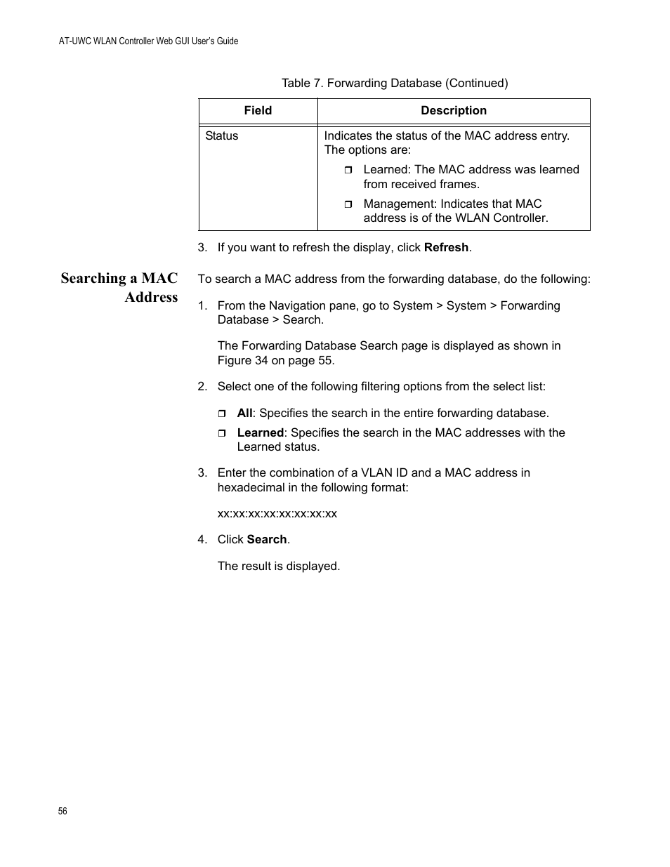 Searching a mac address | Allied Telesis AT-UWC Series User Manual | Page 56 / 368