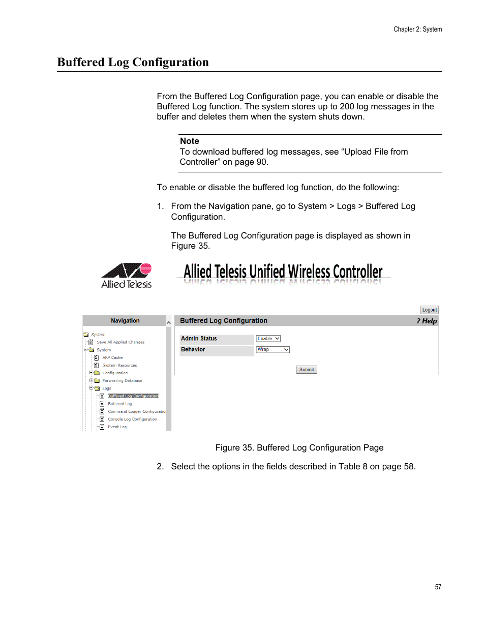 Buffered log configuration | Allied Telesis AT-UWC Series User Manual | Page 57 / 368