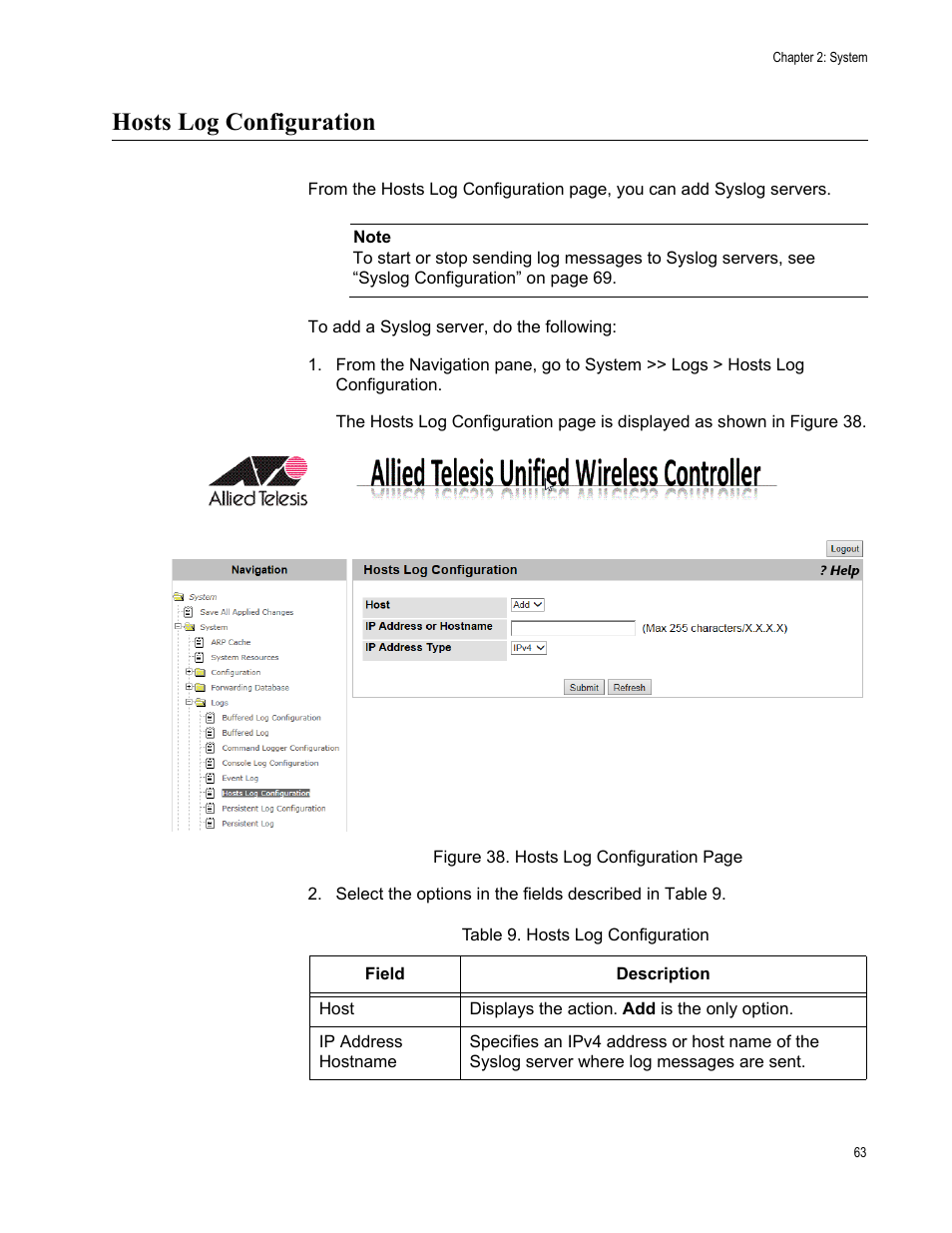 Hosts log configuration | Allied Telesis AT-UWC Series User Manual | Page 63 / 368