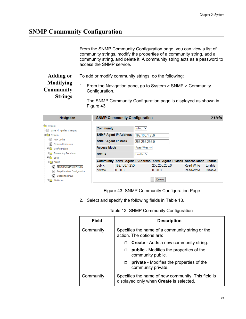 Snmp community configuration, Adding or modifying community strings | Allied Telesis AT-UWC Series User Manual | Page 73 / 368