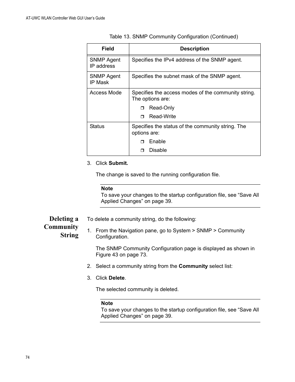 Deleting a community string | Allied Telesis AT-UWC Series User Manual | Page 74 / 368