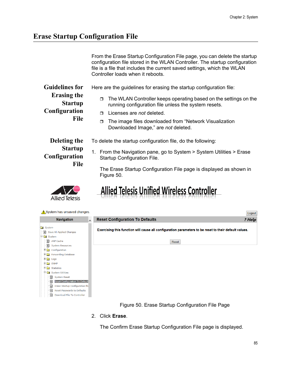 Erase startup configuration file, Deleting the startup configuration file | Allied Telesis AT-UWC Series User Manual | Page 85 / 368