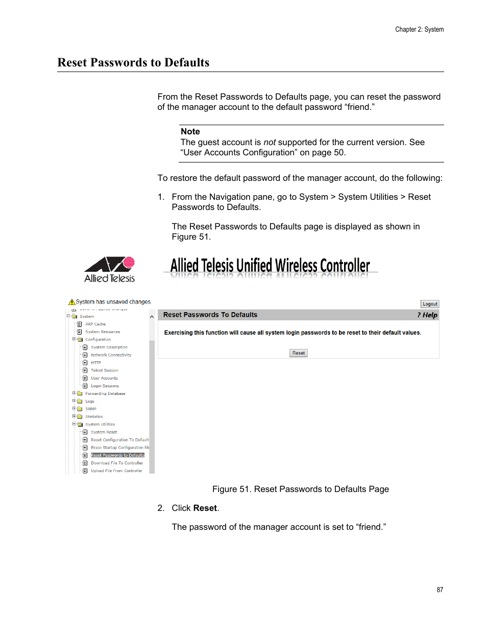 Reset passwords to defaults | Allied Telesis AT-UWC Series User Manual | Page 87 / 368