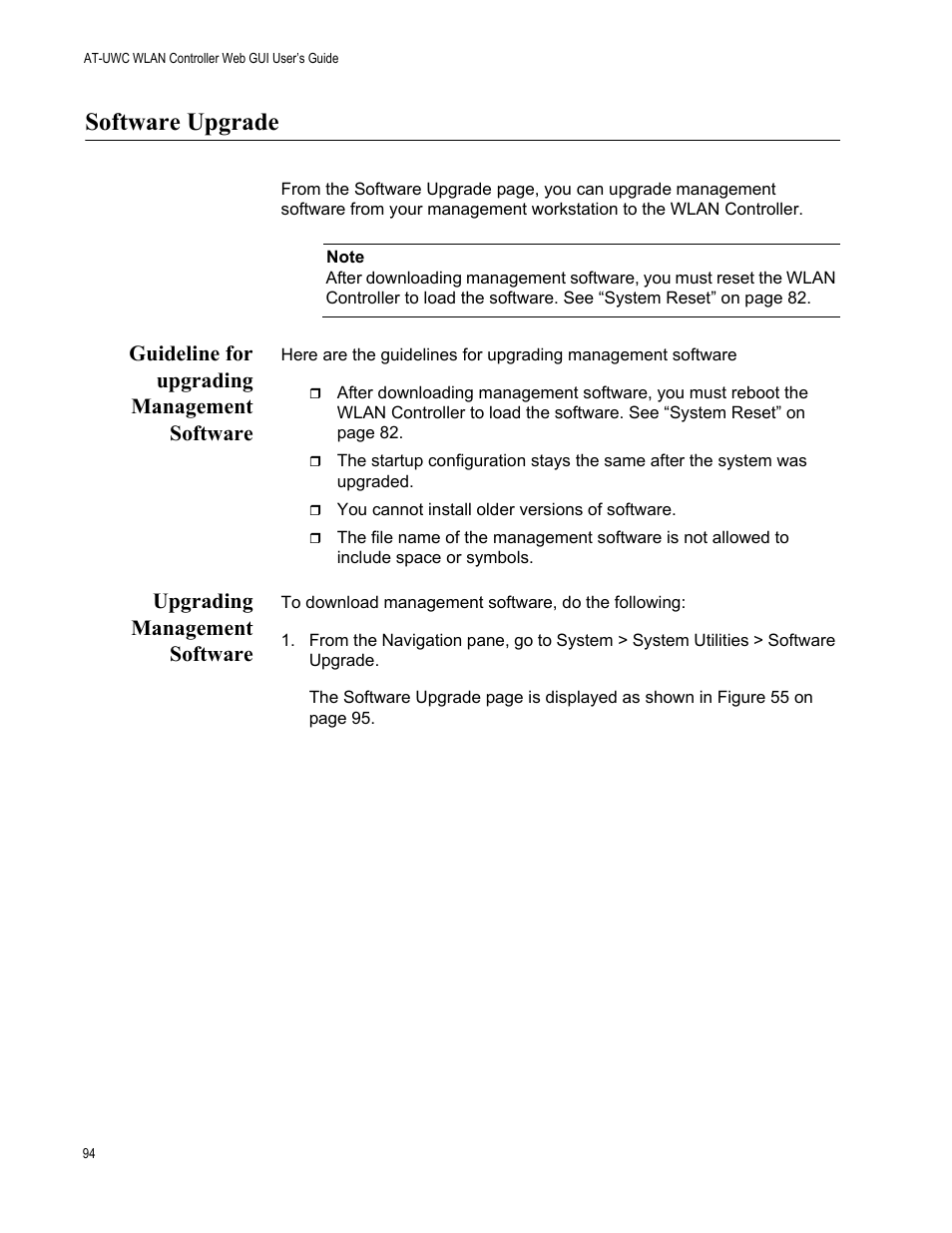 Software upgrade, Guideline for upgrading management software, Upgrading management software | Allied Telesis AT-UWC Series User Manual | Page 94 / 368