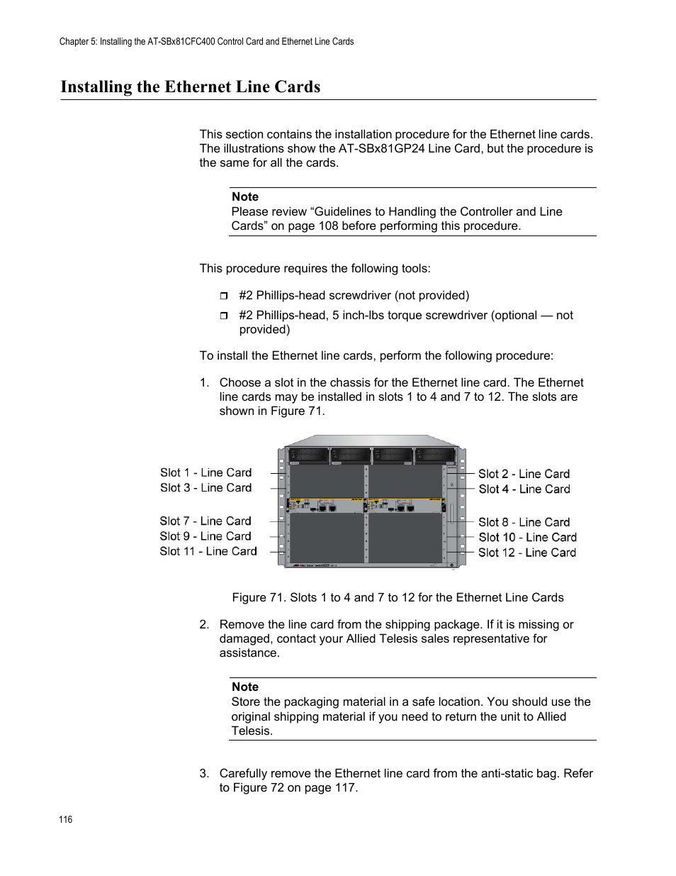 Installing the ethernet line cards | Allied Telesis SwitchBlade x8112 User Manual | Page 116 / 240