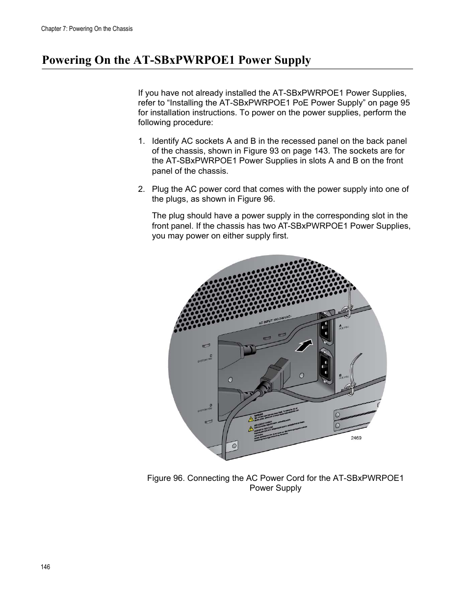 Powering on the at-sbxpwrpoe1 power supply | Allied Telesis SwitchBlade x8112 User Manual | Page 146 / 240