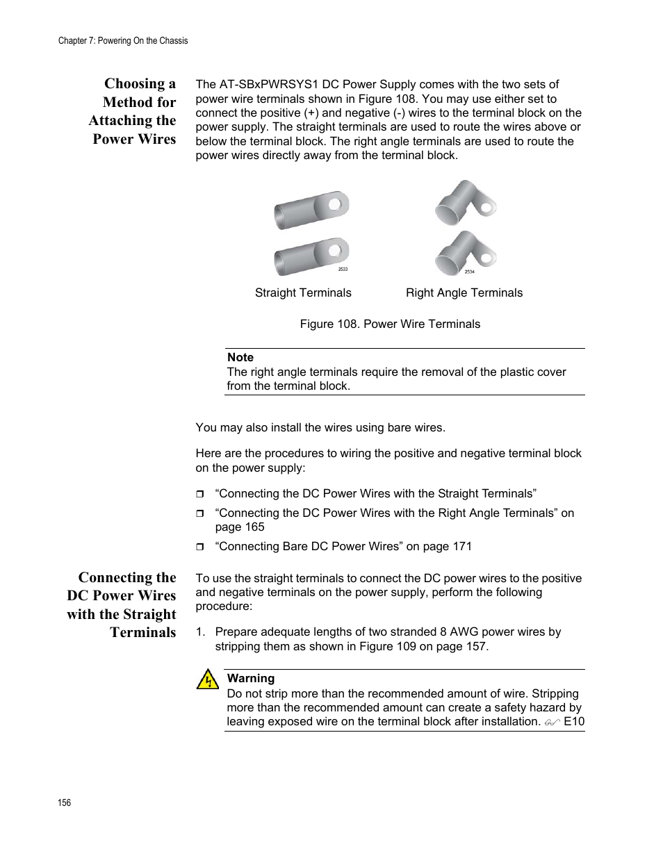 Choosing a method for attaching the power wires, Figure 108: power wire terminals | Allied Telesis SwitchBlade x8112 User Manual | Page 156 / 240