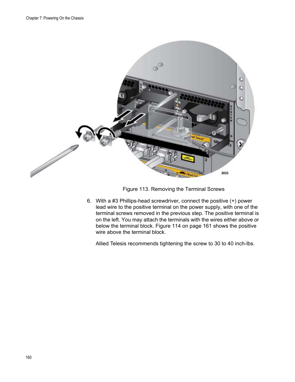 Figure 113: removing the terminal screws | Allied Telesis SwitchBlade x8112 User Manual | Page 160 / 240