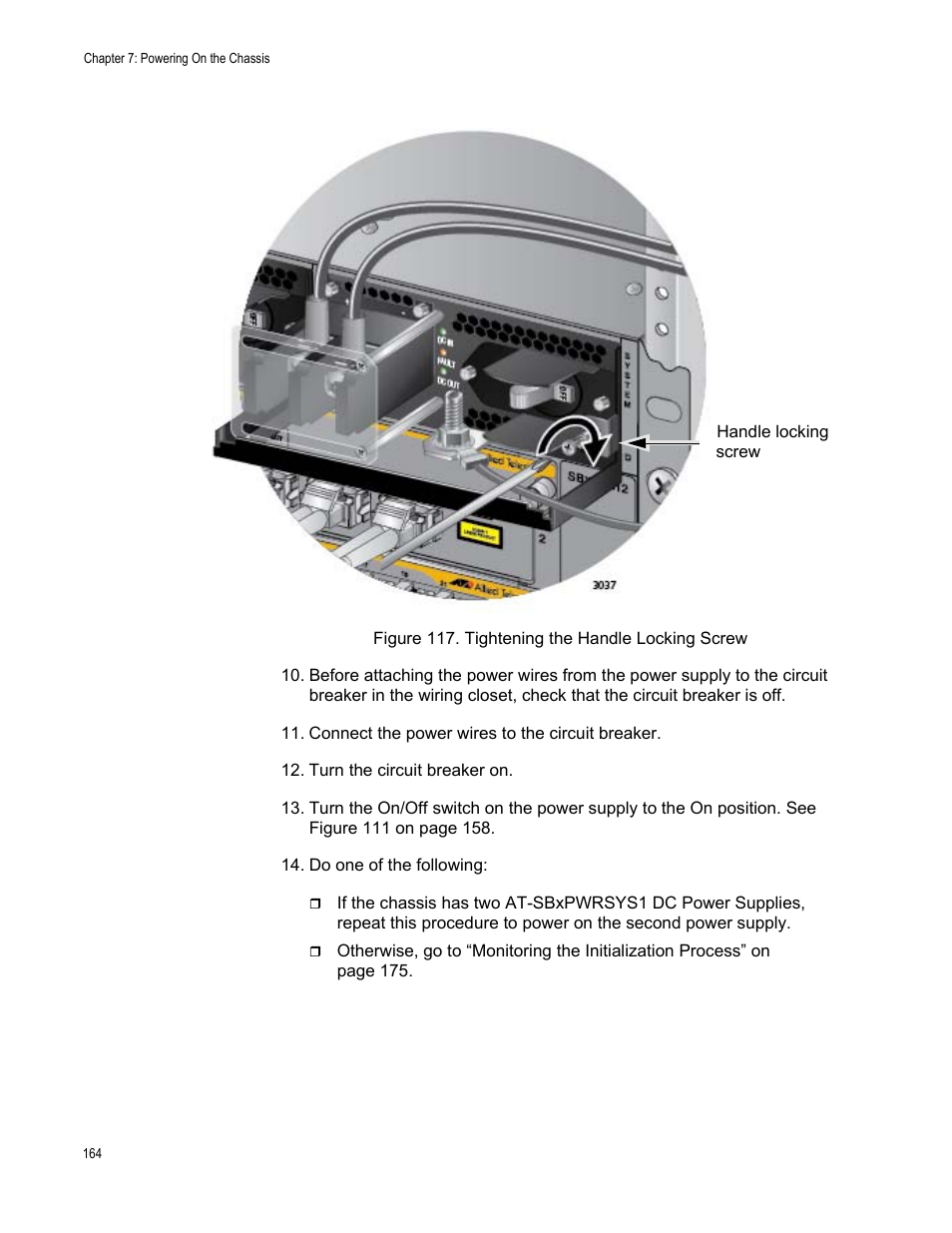 Figure 117: tightening the handle locking screw | Allied Telesis SwitchBlade x8112 User Manual | Page 164 / 240