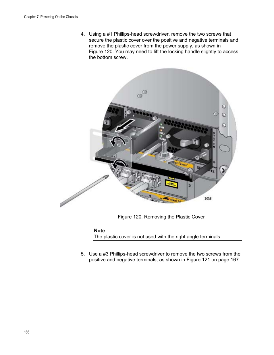 Figure 120: removing the plastic cover | Allied Telesis SwitchBlade x8112 User Manual | Page 166 / 240