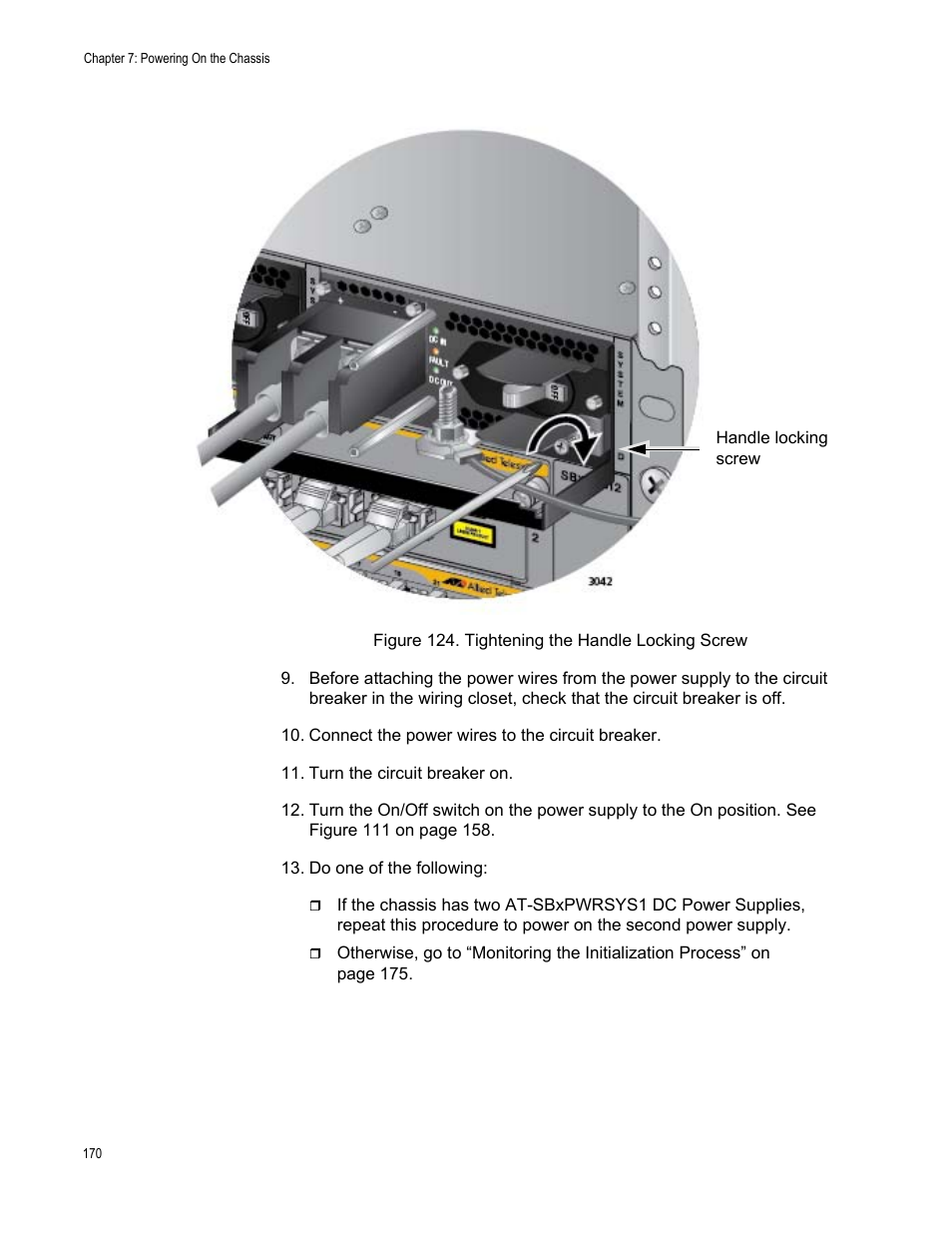 Figure 124: tightening the handle locking screw | Allied Telesis SwitchBlade x8112 User Manual | Page 170 / 240