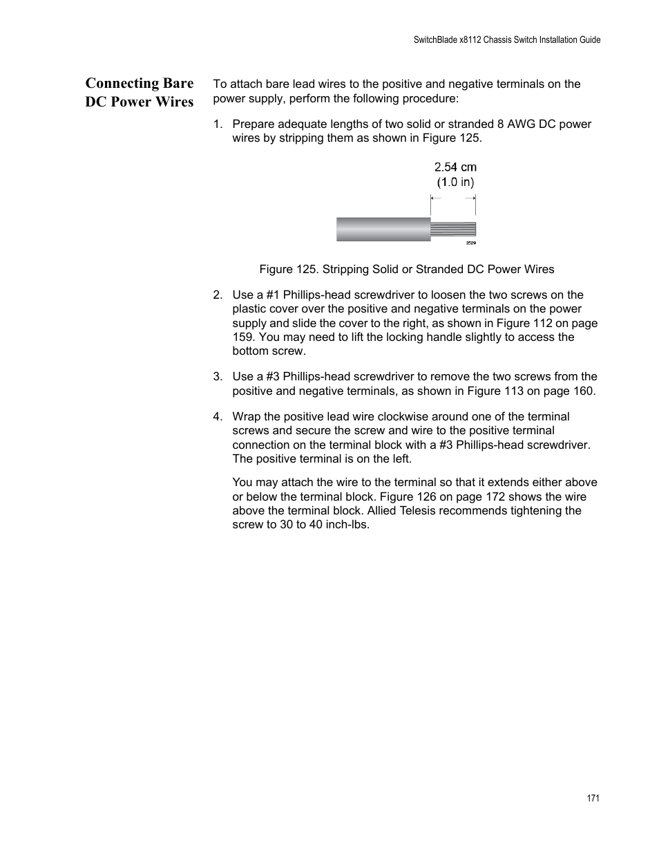 Connecting bare dc power wires | Allied Telesis SwitchBlade x8112 User Manual | Page 171 / 240