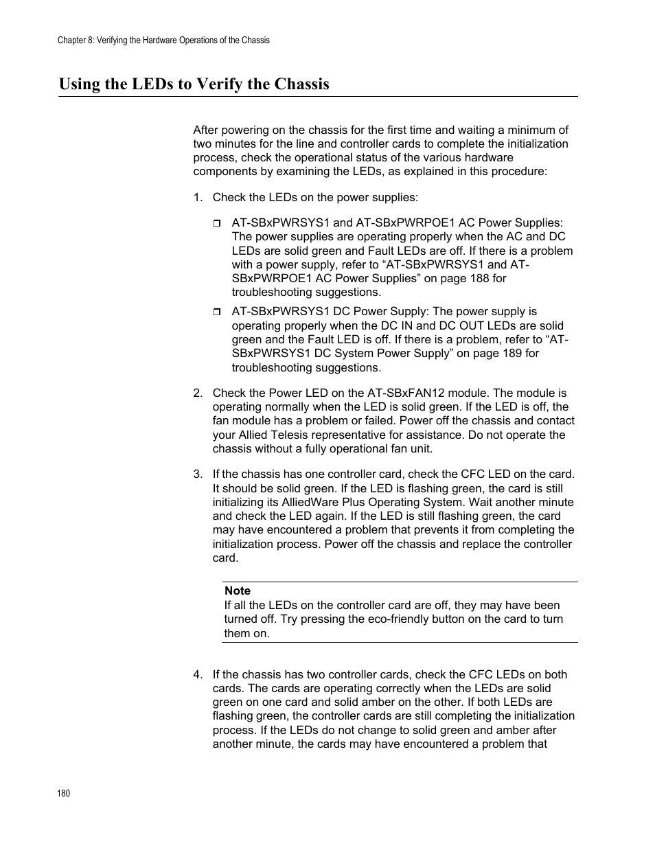 Using the leds to verify the chassis | Allied Telesis SwitchBlade x8112 User Manual | Page 180 / 240