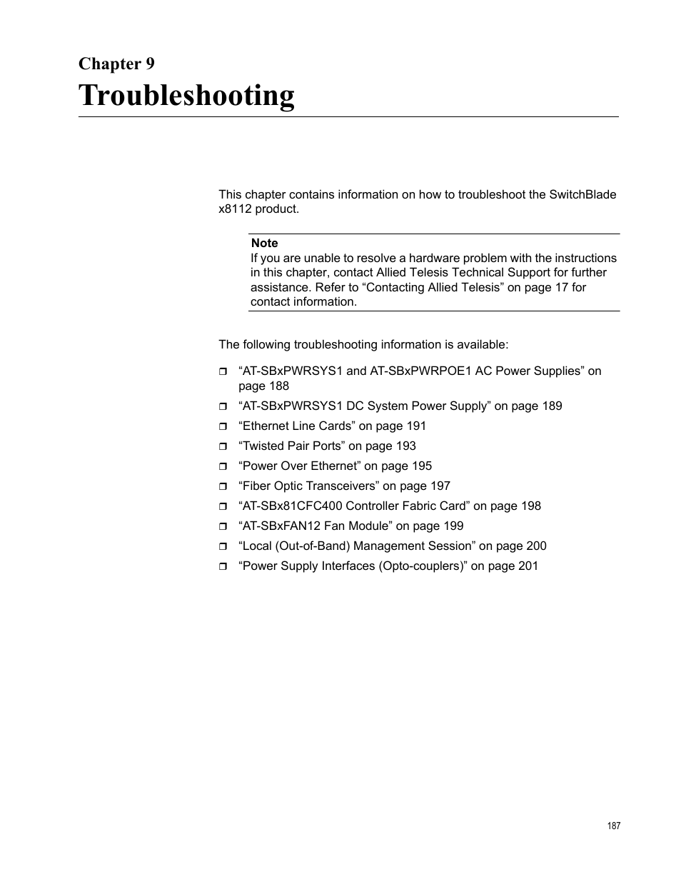 Chapter 9, Troubleshooting, Chapter 9: troubleshooting | Allied Telesis SwitchBlade x8112 User Manual | Page 187 / 240
