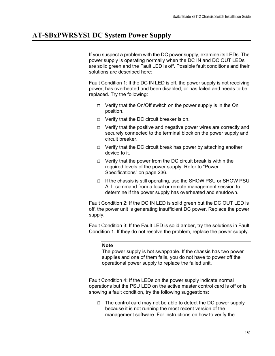 At-sbxpwrsys1 dc system power supply | Allied Telesis SwitchBlade x8112 User Manual | Page 189 / 240