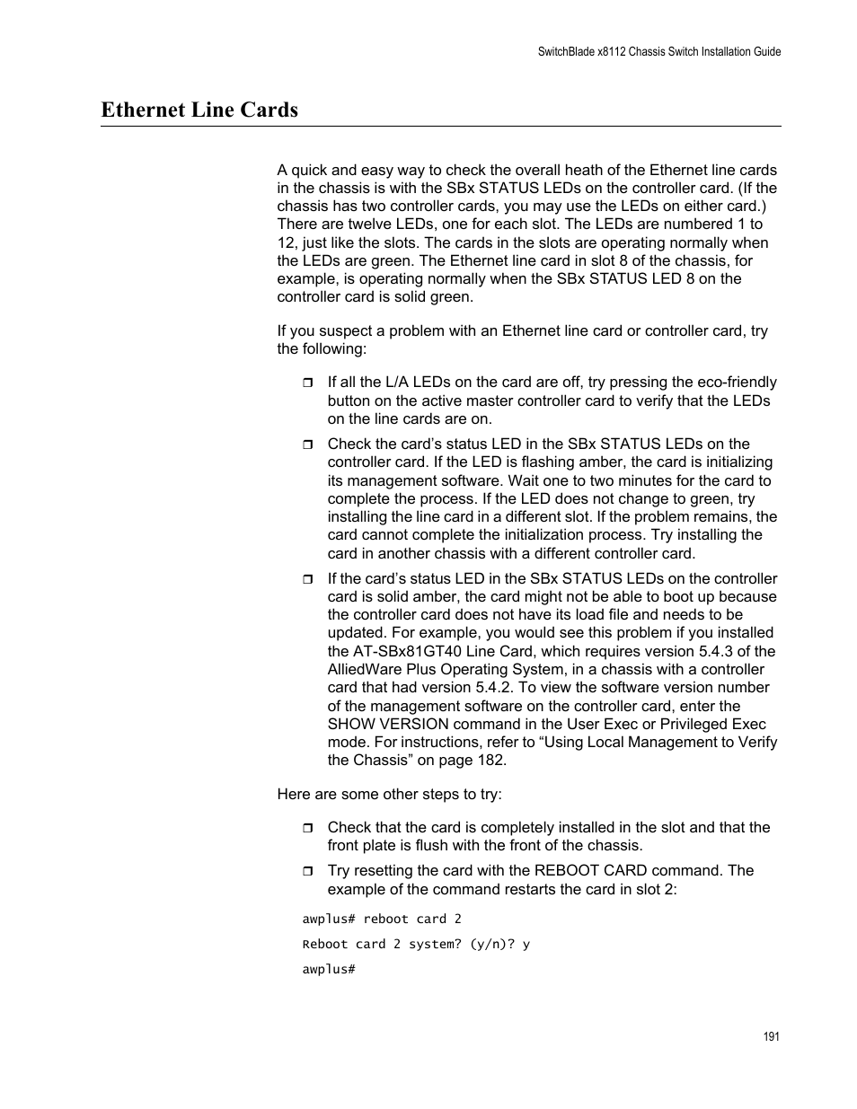 Ethernet line cards | Allied Telesis SwitchBlade x8112 User Manual | Page 191 / 240