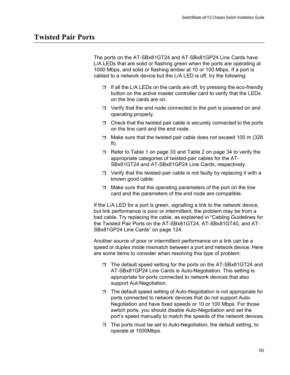 Twisted pair ports | Allied Telesis SwitchBlade x8112 User Manual | Page 193 / 240