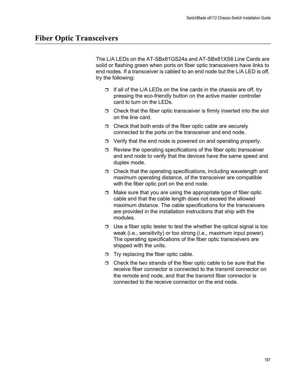 Fiber optic transceivers | Allied Telesis SwitchBlade x8112 User Manual | Page 197 / 240