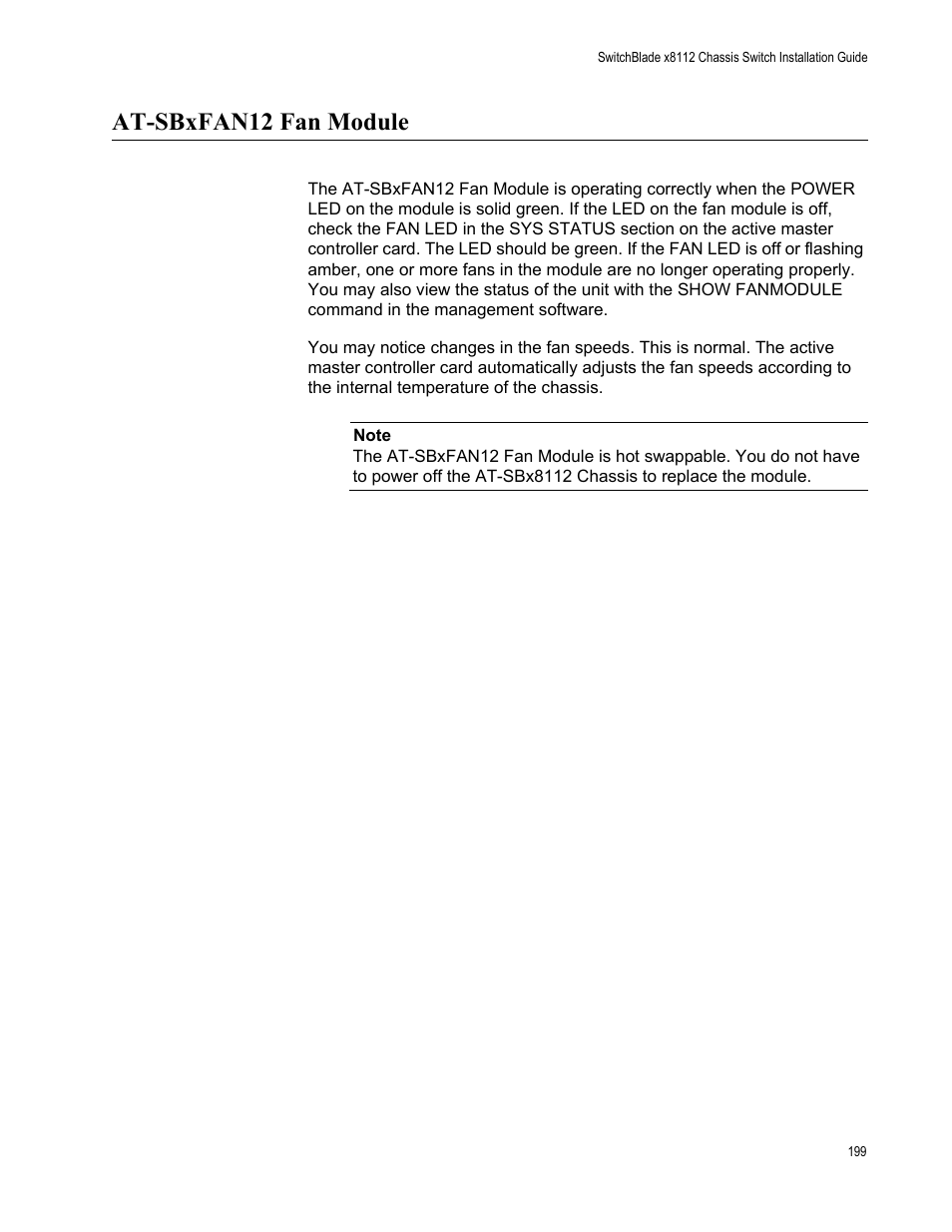 At-sbxfan12 fan module | Allied Telesis SwitchBlade x8112 User Manual | Page 199 / 240